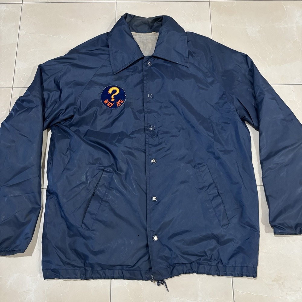 Vintage 90s Track Jacket Wind Breaker Coach Skate Why Me Patch Men's Large Blue